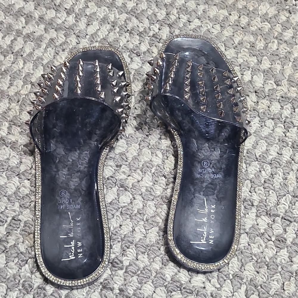 Nicole Miller Clear Gray Rhinestone Studded Jelly Slide Slip On Sandals Size 8 - Picture 7 of 7